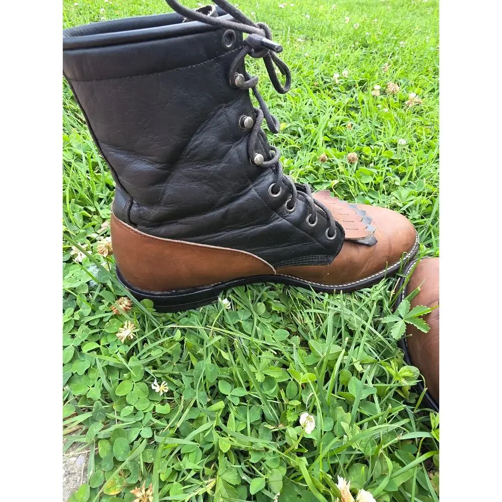 Vintage Justin Two-Tone Brown & Black Leather Lace-Up Boots with Kiltie Size 7.5